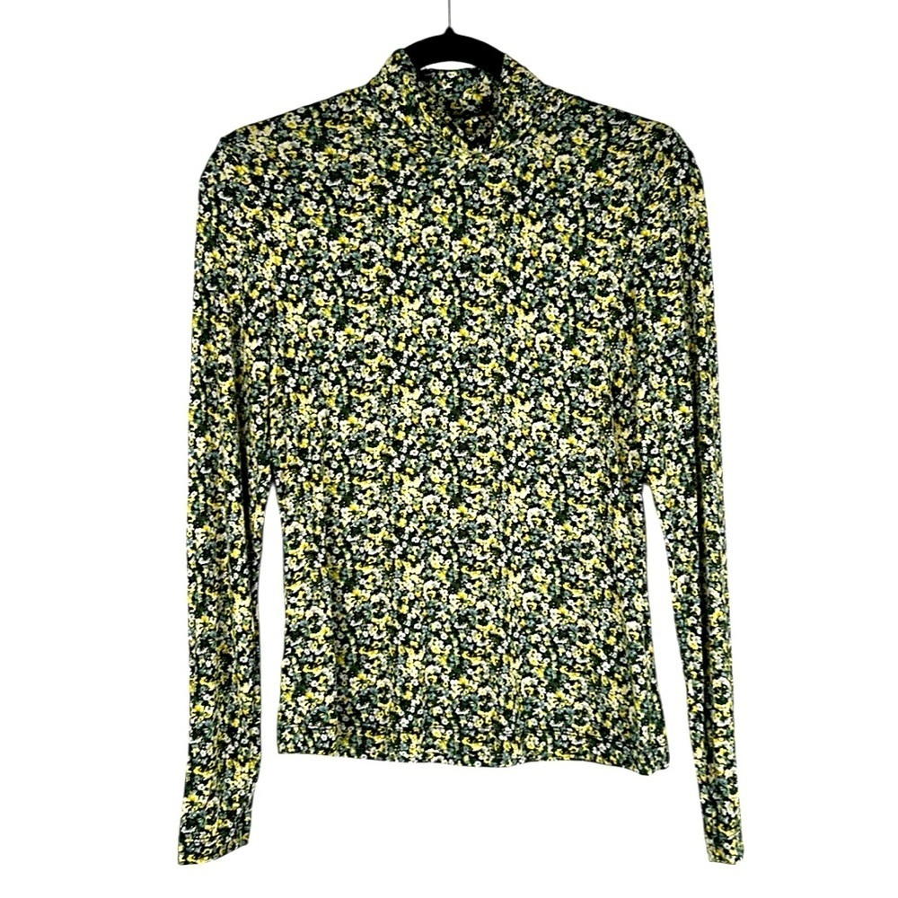 H&M Black Yellow Floral Super‎ Soft Casual Turtleneck Classic Top Size Medium